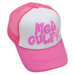 Pink and white Mea Culpa trucker hat with breathable mesh and stylish letter print