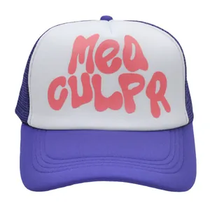 Purple and white Mea Culpa trucker hat with pink lettering and breathable mesh back