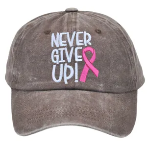 Washed cotton baseball cap with Never Give Up pink ribbon embroidery in vintage brown