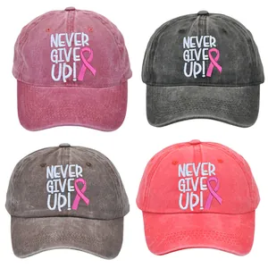 Washed Cotton Baseball Cap Breast Cancer Awareness Pink Ribbon Never Give Up Embroidered Outdoor Sun Hat For Women Adjustable