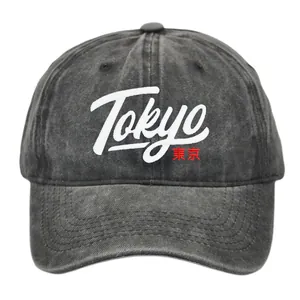 Gorra de béisbol vintage gris oscuro lavado con bordado Tokyo y kanji en rojo