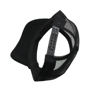 Detail view of the breathable mesh and adjustable snapback on the black trucker hat