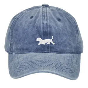 Vintage washed denim baseball cap with puppy embroidery and adjustable curved brim for unisex
