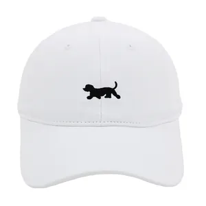 Vintage washed white baseball cap with black dog embroidery and curved brim style