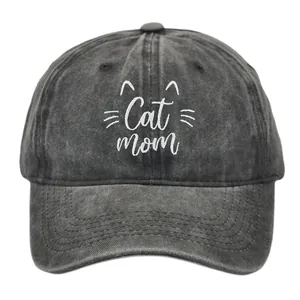 Casquette de Baseball en Coton Lavé Avec Broderie Lettres Cat Mom Pour Hommes Femmes Réglable Pare-Soleil Sport de Plein Air
