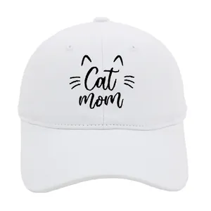 Casquette de baseball en coton blanc lavé avec broderie Cat Mom et motif d'oreilles de chat