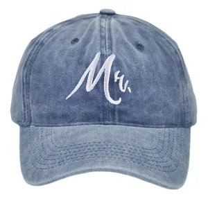 Washed navy blue baseball cap with white embroidered Mr. cursive lettering design