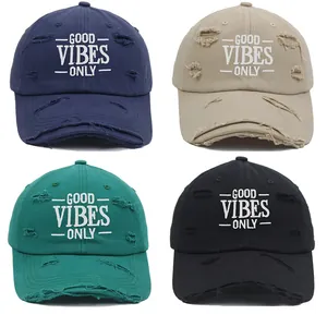 Cotton Distressed Ripped Baseball Cap Good Vibes Only Letter Embroidery Vintage Washed Sun Hat For Men Women Outdoor Casual Headwear