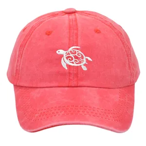 Vintage washed pink baseball cap with turtle embroidery and adjustable strap