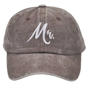 Macro view of washed cotton fabric with Mr. white embroidery on the vintage brown cap