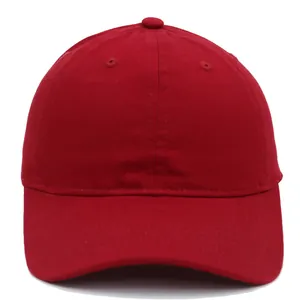 Top view of a red cotton baseball cap showing six-panel stitching and breathable eyelets