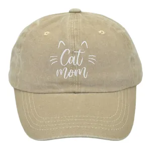 Casquette de baseball en coton délavé kaki avec broderie blanche Cat Mom style vintage