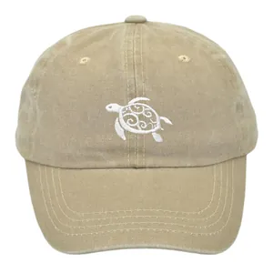 Classic washed khaki baseball cap featuring white turtle embroidery and vintage style