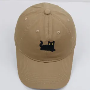 Berretto da baseball in cotone kaki con ricamo gatto nero e visiera curva per esterno
