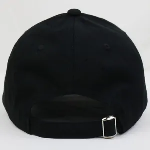Close-up of the back of a black cotton baseball cap with adjustable silver metal buckle