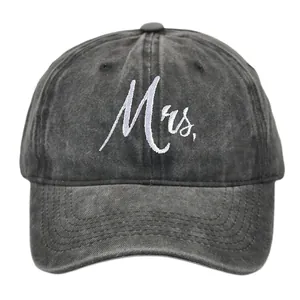 Washed dark grey baseball cap with white Mrs. embroidery and vintage distressed texture