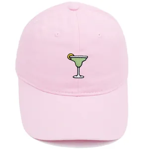 Pink cotton baseball cap with Margarita cocktail embroidery and curved brim for summer