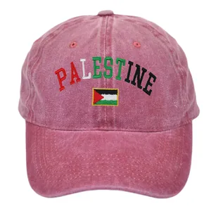 Vintage washed Palestine embroidery baseball cap with flag logo in deep red color