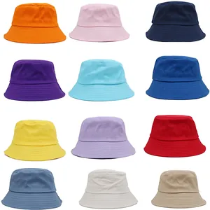 Matrix display showing 12 vibrant colors of plain cotton bucket hats with neat stitching