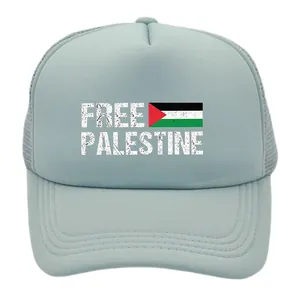 Free Palestine mesh trucker hat in light blue with flag print for outdoor sun protection