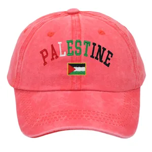 Close-up of Palestine flag embroidery on washed cotton vintage watermelon red baseball cap