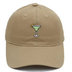 Close-up of Margarita cocktail embroidery on a khaki cotton twill baseball cap
