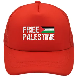Close-up of red trucker hat featuring Free Palestine print and breathable mesh back