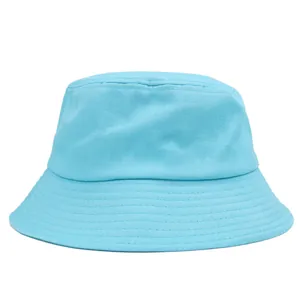 Close-up detail of reinforced stitching on the light blue cotton canvas bucket hat brim
