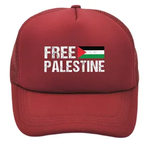 Detail view of the breathable mesh back and Palestine flag print on the trucker hat
