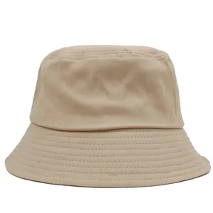 Detail shot of khaki cotton bucket hat brim showing parallel reinforced stitching