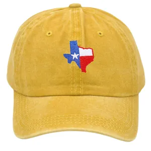 Berretto da baseball giallo in cotone lavato con ricamo bandiera del Texas e stile vintage