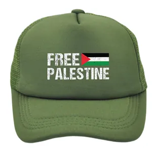 Army green trucker hat featuring Free Palestine print and flag in a breathable mesh style