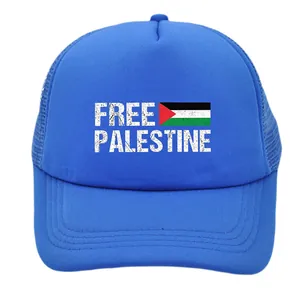 Blue mesh trucker hat with Free Palestine print and flag on white background