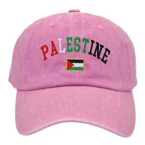 Pink washed cotton baseball cap with Palestine flag embroidery and text on crown