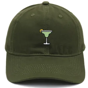 Classic olive green cotton baseball cap featuring detailed margarita cocktail embroidery