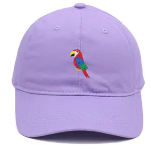 Macro detail of high-quality parrot embroidery on lavender cotton baseball cap crown