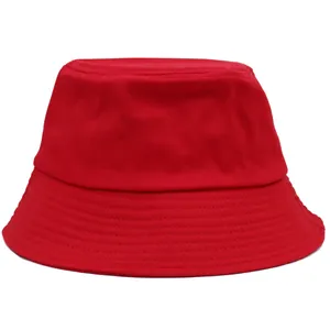 Classic red cotton bucket hat with parallel stitched brim and flat top for sun protection