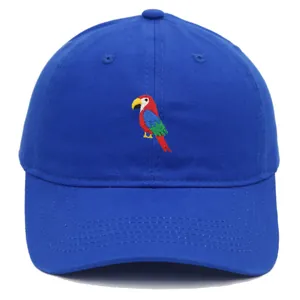 Close-up of vibrant parrot embroidery on the front of a navy blue cotton baseball cap