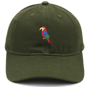 Olive green baseball cap with colorful parrot embroidery in a classic cotton twill design
