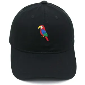 Classic black cotton baseball cap featuring colorful parrot embroidery and curved brim