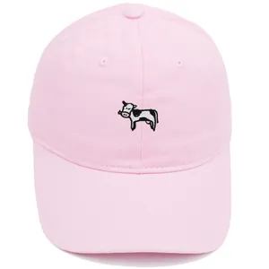 Gorra de béisbol de algodón rosa con bordado de vaca minimalista y visera curva solar
