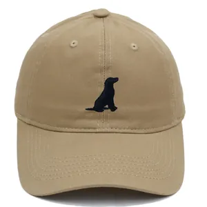 Khaki cotton baseball cap featuring navy blue embroidered dog silhouette on front