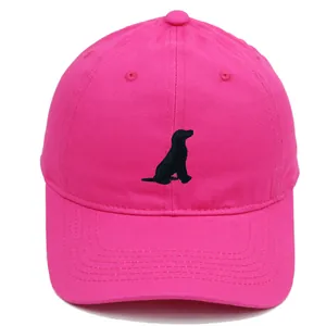 Classic pink cotton baseball cap with a black dog silhouette embroidery on the front