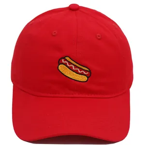 Red cotton baseball cap with high-quality hot dog embroidery in a classic street style