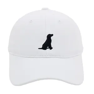 White cotton baseball cap with black embroidered puppy silhouette for men and women