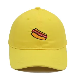 Yellow cotton baseball cap with detailed hot dog embroidery and curved brim for casual wear
