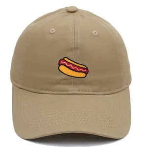 Khaki cotton baseball cap featuring colorful hot dog embroidery on a classic curved brim
