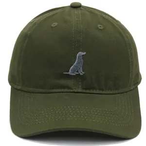 Olive green cotton baseball cap featuring gray puppy dog silhouette embroidery on front