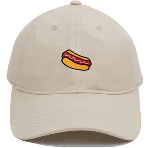 Classic cotton baseball cap in beige featuring a detailed colorful hot dog embroidery