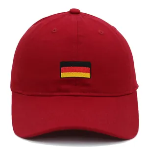 Close-up of German flag embroidery on high-quality red cotton baseball cap front